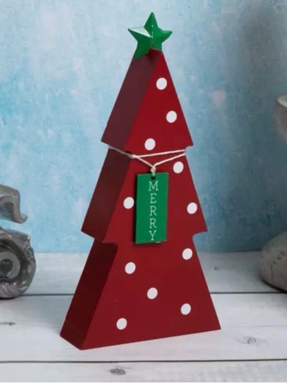 Merry Polka Dot Tree Wood Decor Festive Red Wooden Christmas Tree Decor with Gre
